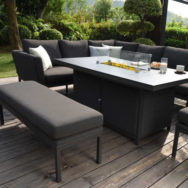 Maze Pulse Outdoor Fabric Rectangular Corner Dining Set With Fire Pit Table | Charcoal Grey