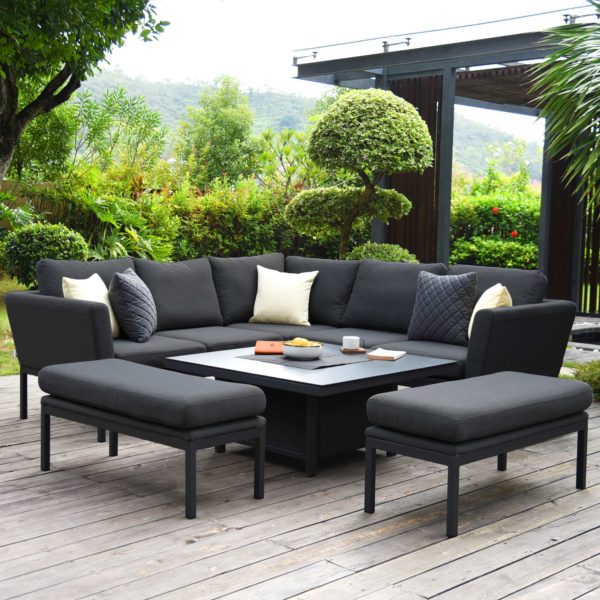 Maze Pulse Outdoor Fabric Square Corner Dining Set with Rising Table | Charcoal Grey