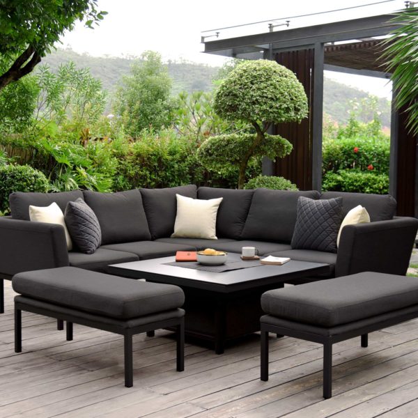 Maze Pulse Outdoor Fabric Square Corner Dining Set with Rising Table | Charcoal Grey
