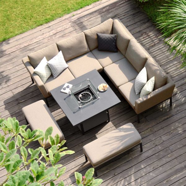 Maze Pulse Outdoor Fabric Square Corner Dining Set With Fire Pit Table | Taupe