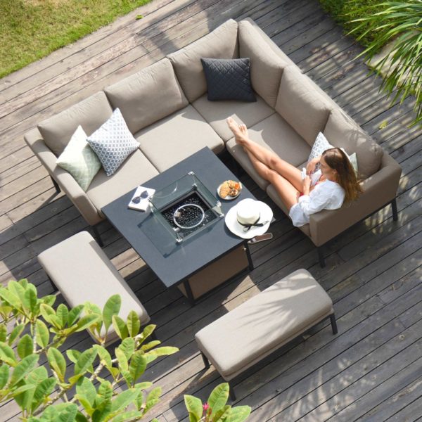 Maze Pulse Outdoor Fabric Square Corner Dining Set With Fire Pit Table | Taupe
