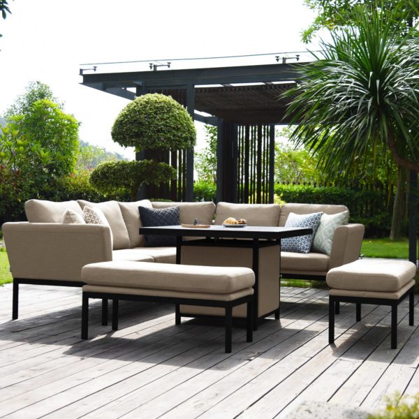Maze Pulse Outdoor Fabric Square Corner Dining Set With Fire Pit Table | Taupe