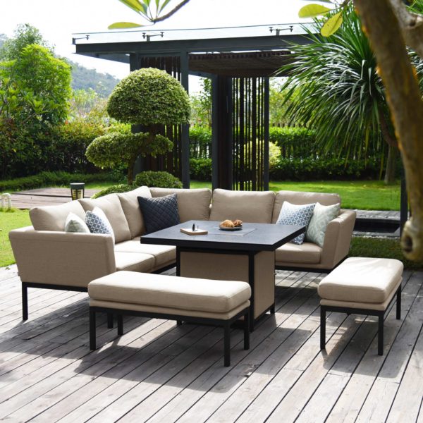Maze Pulse Outdoor Fabric Square Corner Dining Set With Fire Pit Table | Taupe