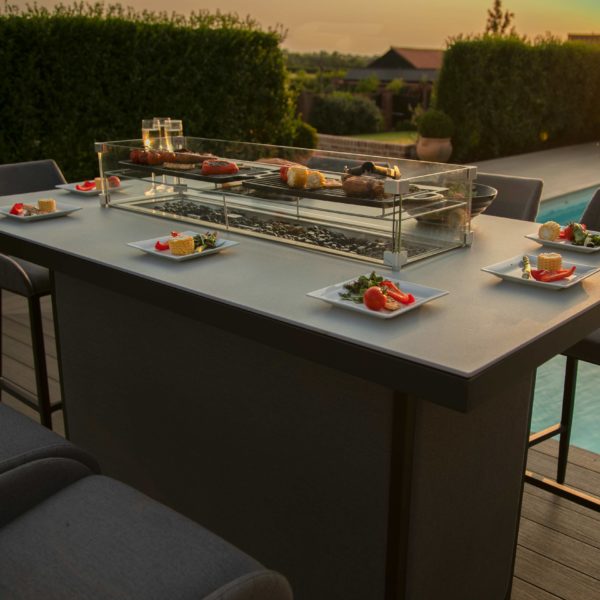 Maze Regal 8 Seat Rectangular Fire Pit Bar Set | Flanelle Outdoor Fabric Grey
