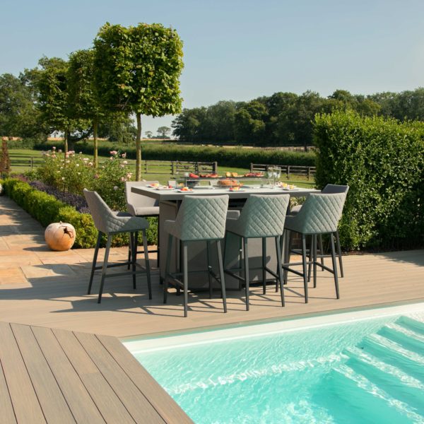 Maze Regal 8 Seat Rectangular Fire Pit Bar Set | Flanelle Outdoor Fabric Grey