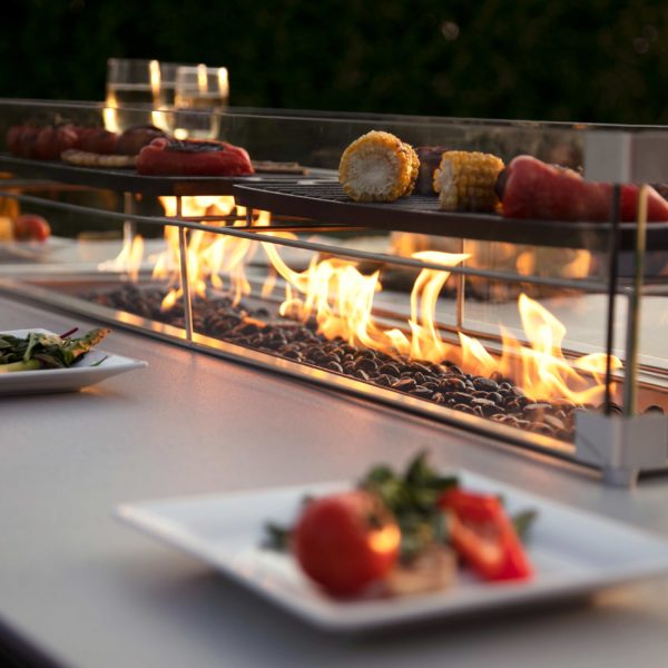 Maze Regal 8 Seat Rectangular Fire Pit Bar Set | Lead Chine Outdoor Fabric Grey