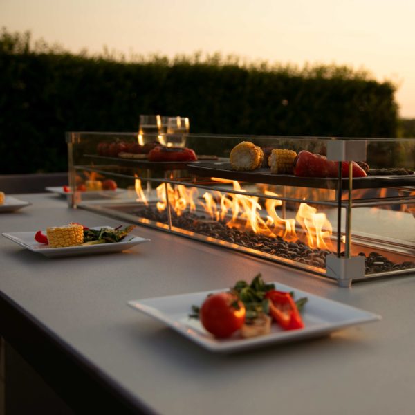 Maze Regal 8 Seat Rectangular Fire Pit Bar Set | Lead Chine Outdoor Fabric Grey