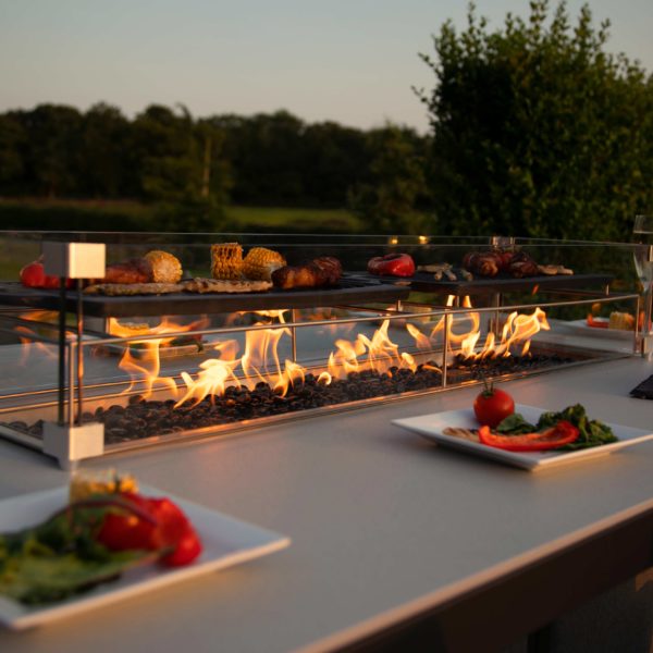 Maze Regal 8 Seat Rectangular Fire Pit Bar Set | Lead Chine Outdoor Fabric Grey