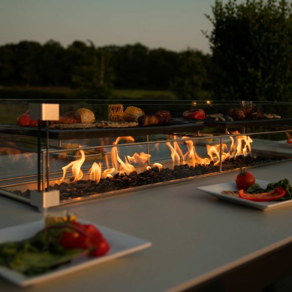 Maze Regal 8 Seat Rectangular Fire Pit Bar Set | Lead Chine Outdoor Fabric Grey