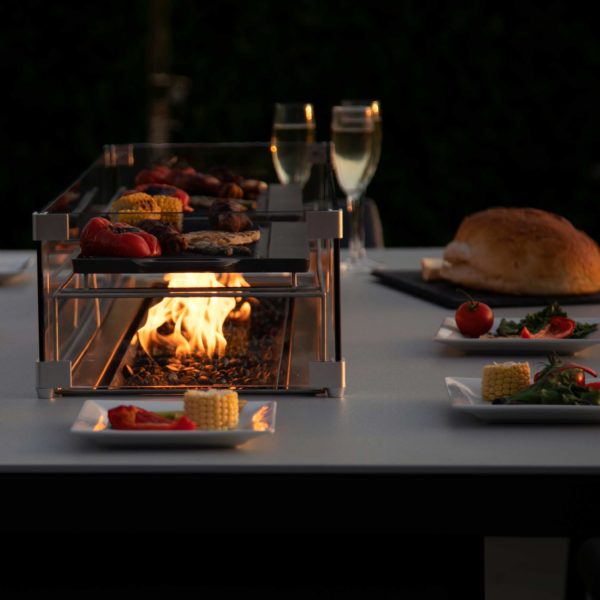 Maze Regal 8 Seat Rectangular Fire Pit Bar Set | Lead Chine Outdoor Fabric Grey