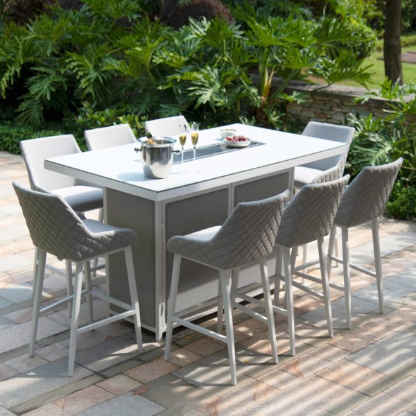 Maze Regal 8 Seat Rectangular Fire Pit Bar Set | Lead Chine Outdoor Fabric Grey