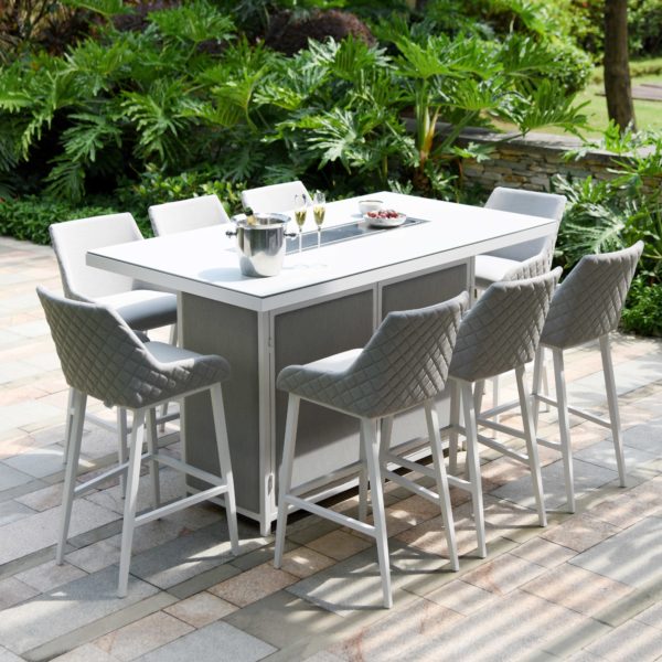 Maze Regal 8 Seat Rectangular Fire Pit Bar Set | Lead Chine Outdoor Fabric Grey