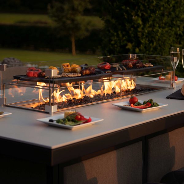 Maze Regal 8 Seat Rectangular Fire Pit Bar Set | Lead Chine Outdoor Fabric Grey
