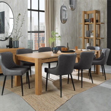 Eyam Vintage Oak Pair of Dining Chairs | Diamond Stitched Pattern | Dark Grey Faux Leather