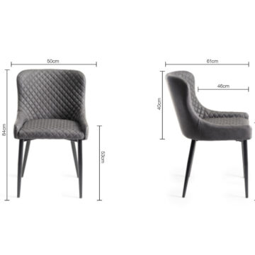 Eyam Vintage Oak Pair of Dining Chairs | Diamond Stitched Pattern | Dark Grey Faux Leather