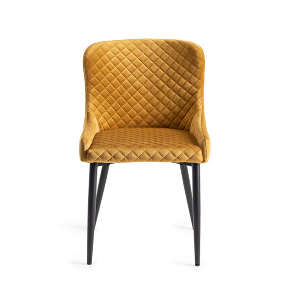 Yellow Eyam Vintage Oak Pair of Upholstered Dining Chairs | Diamond Stitched Pattern | Mustard Velvet
