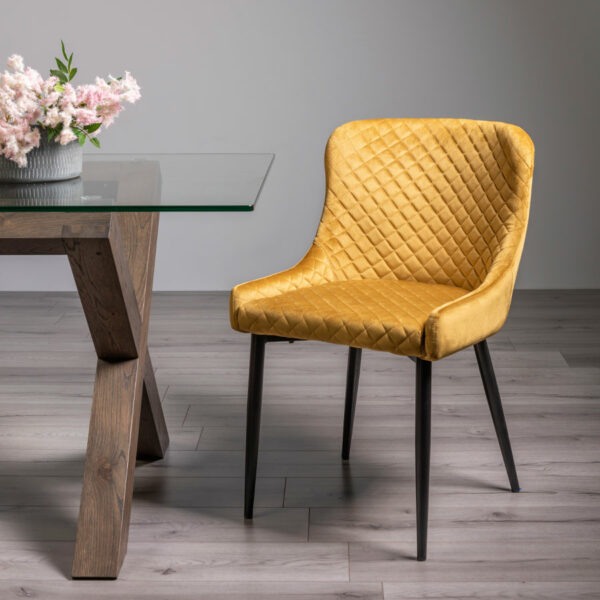 Yellow Eyam Vintage Oak Pair of Upholstered Dining Chairs | Diamond Stitched Pattern | Mustard Velvet