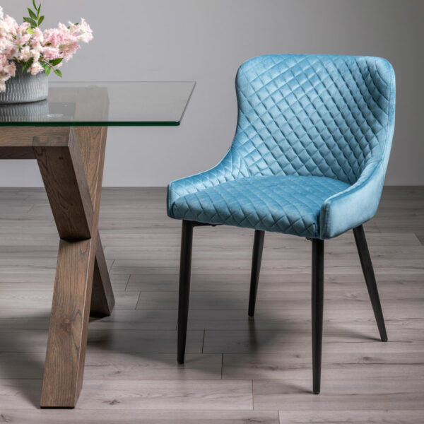 Eyam Vintage Oak Pair of Upholstered Dining Chairs | Diamond Stitched Pattern | Petrol Blue Velvet