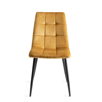 Yellow Eyam Vintage Oak Pair of Upholstered Tapered Back Dining Chairs | Square Stitched Pattern | Mustard Velvet