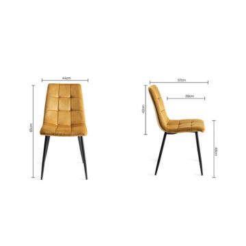 Yellow Eyam Vintage Oak Pair of Upholstered Tapered Back Dining Chairs | Square Stitched Pattern | Mustard Velvet