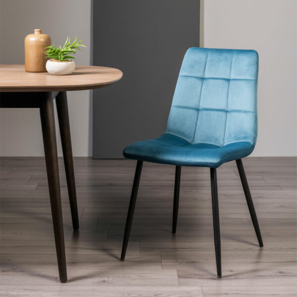 Eyam Vintage Oak Pair of Upholstered Tapered Back Dining Chairs | Square Stitched Pattern | Petrol Blue Velvet