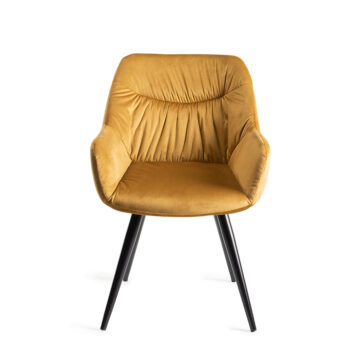Yellow Eyam Vintage Oak Pair of Upholstered Arm Chairs | Pleated Back Pattern | Mustard Velvet