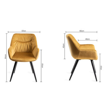 Yellow Eyam Vintage Oak Pair of Upholstered Arm Chairs | Pleated Back Pattern | Mustard Velvet