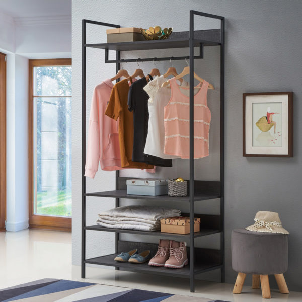 Mersey Open Wardrobe with 4 Shelves | Black | Self Assembly
