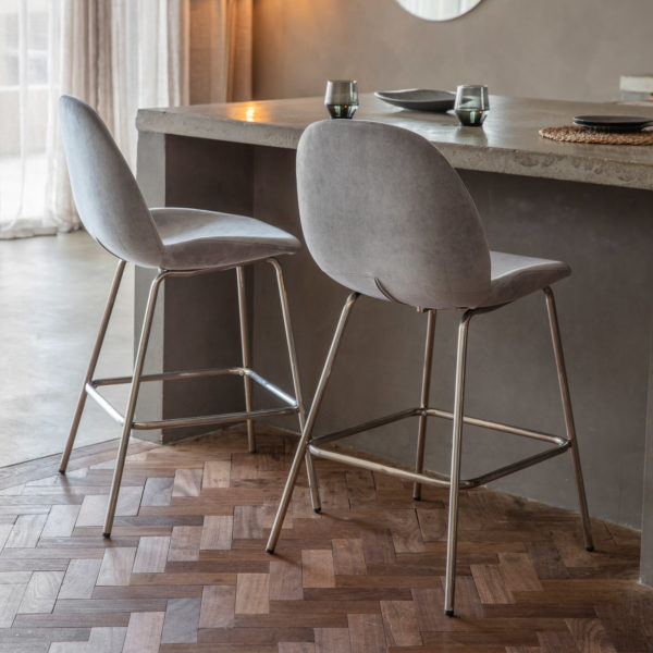 Archie Pair of Bar Stools | Light Grey Velvet