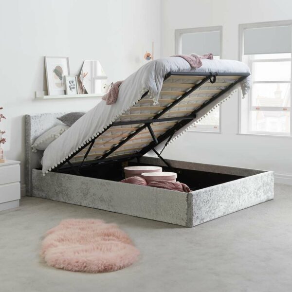 Lucan Double Ottoman Bed | Steel Crushed Velvet Grey
