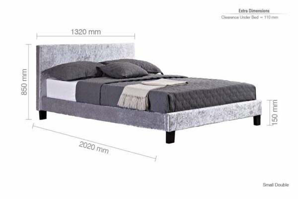 Lucan Small Double Bed | Steel Crushed Velvet Grey