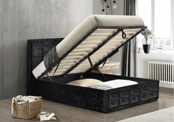 Lenzie Double Ottoman Bed | Black Crushed Velvet