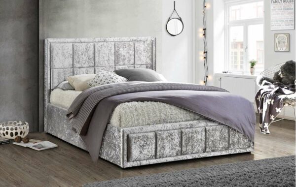 Lenzie Small Double Ottoman Bed | Steel Crushed Velvet Grey