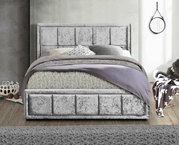 Lenzie Small Double Ottoman Bed | Steel Crushed Velvet Grey