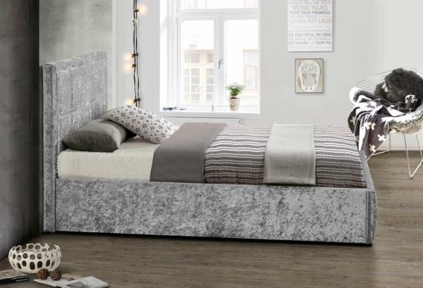 Lenzie Small Double Ottoman Bed | Steel Crushed Velvet Grey