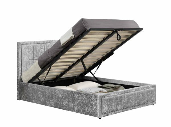 Lenzie Small Double Ottoman Bed | Steel Crushed Velvet Grey