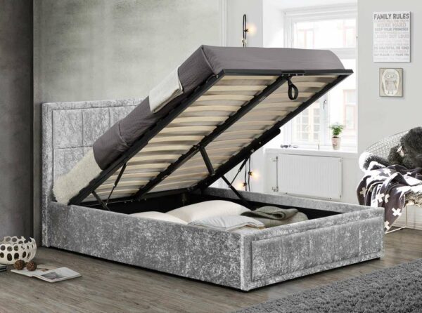 Lenzie Double Ottoman Bed | Steel Crushed Velvet Grey