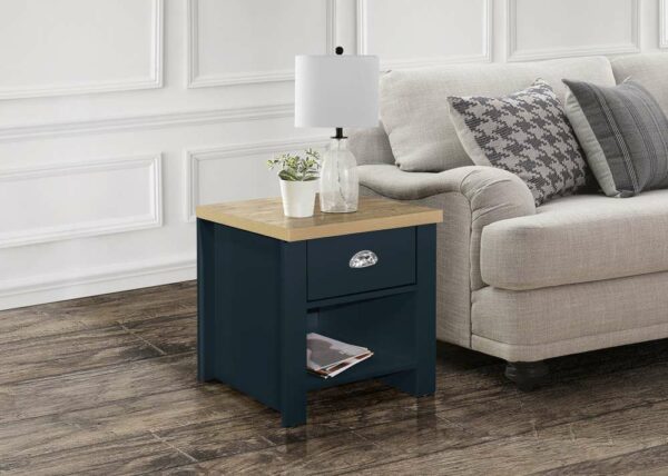 Cullercoats 1 Drawer Lamp Table | Bedside Table | Navy Blue & Oak