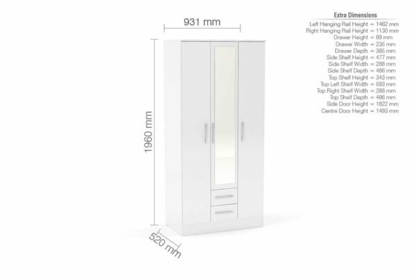 Bali 3 Door 2 Drawer Wardrobe With Mirror | White