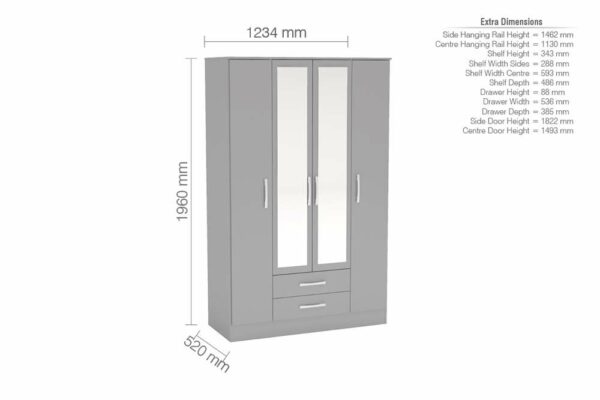 Bali 4 Door 2 Drawer Wardrobe With Mirror | Grey