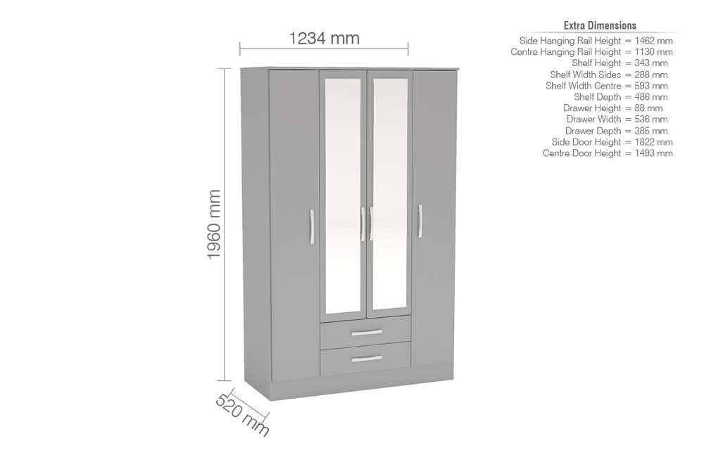 Bali 4 Door 2 Drawer Wardrobe With Mirror | Grey | Oak World