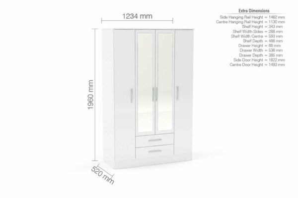 Bali 4 Door 2 Drawer Wardrobe With Mirror | White