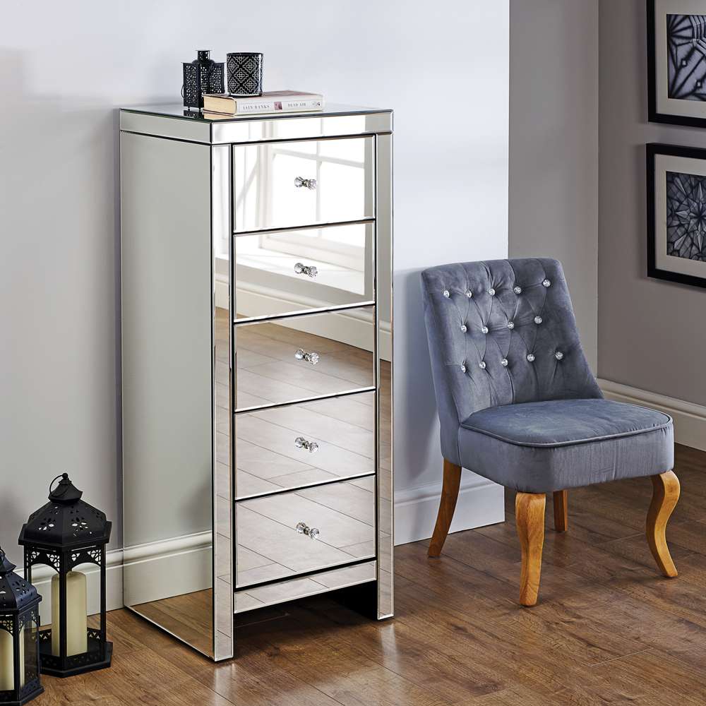 Silver Maysky 5 Drawer Narrow Chest | Mirrored