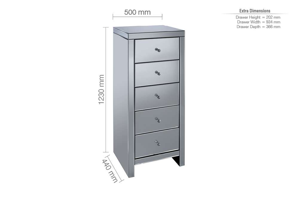 Silver Maysky 5 Drawer Narrow Chest | Mirrored
