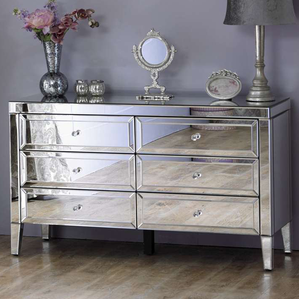 Silver Rugeley 6 Drawer Chest Mirrored Oak World