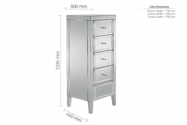 Silver Rugeley 5 Drawer Narrow Chest | Mirrored