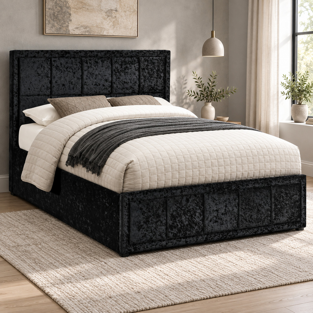 Lenzie Black Crushed Velvet 5' King Ottoman Bed