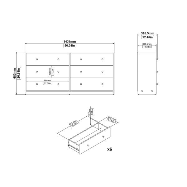 Elegance Chest of 6 Drawers (3+3) in Jackson Hickory Oak | Self Assembly
