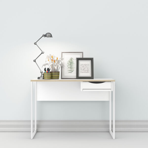 Ajax Plus Desk 1 Drawer in White with Oak Trim | Self Assembly