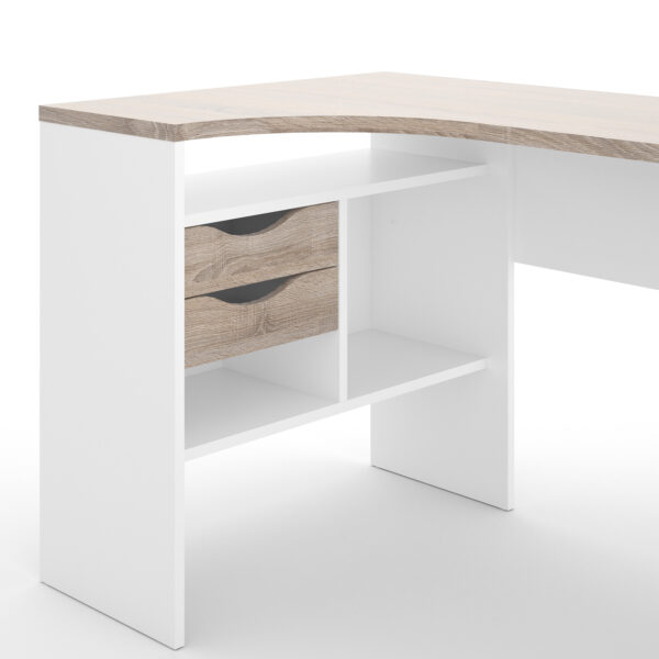 Ajax Plus Corner Desk 2 Drawers in White and Truffle Oak | Self Assembly